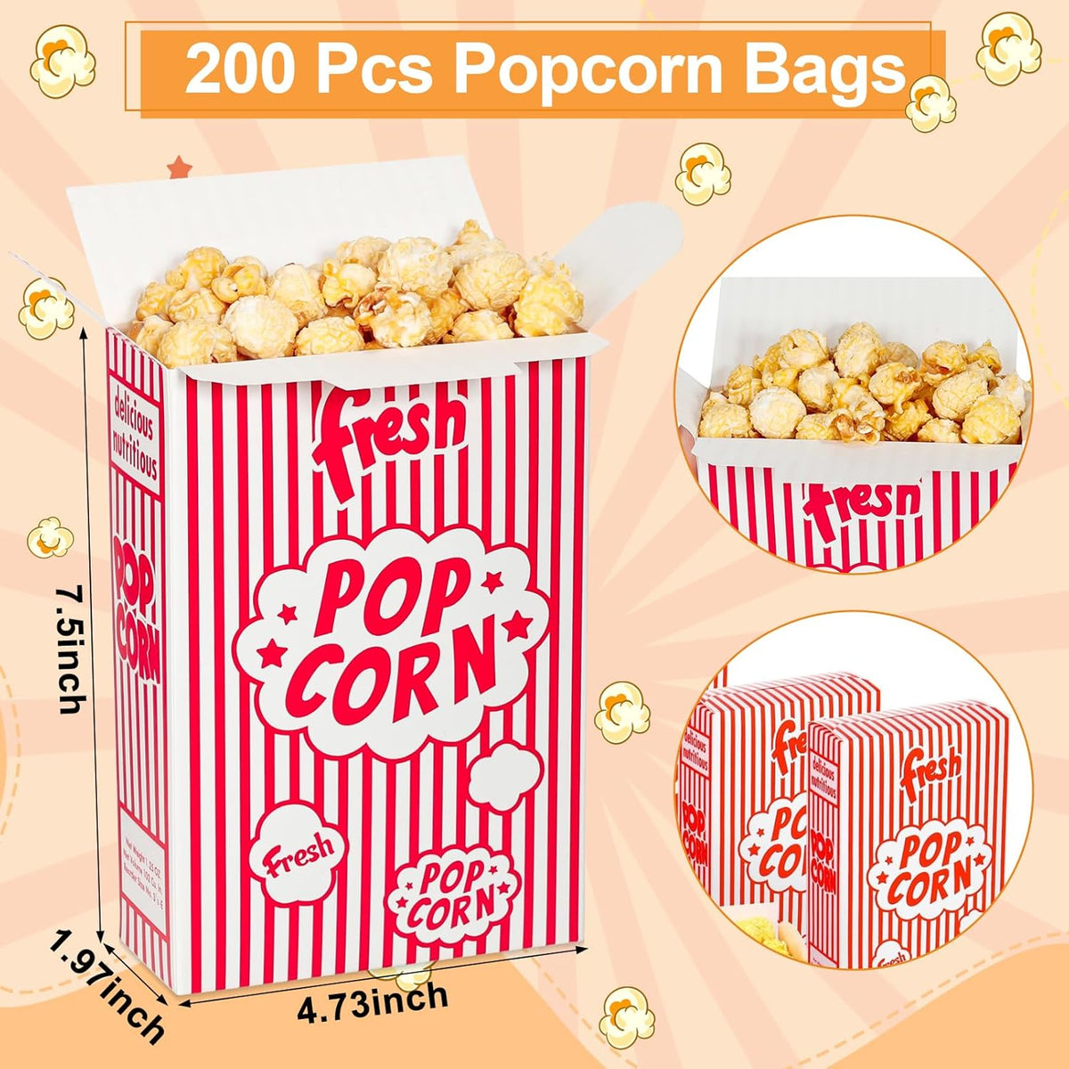 Dualshine 200 Pack Popcorn Boxes,1.25 oz Paper Popcorn Containers,Red and White Striped Close-Top