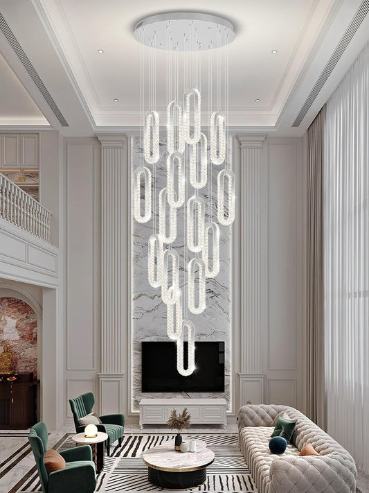 H138 Large Chandelier for High Ceiling,Modern 16-Rings Crystal Chandeliers for Entryway,Silver