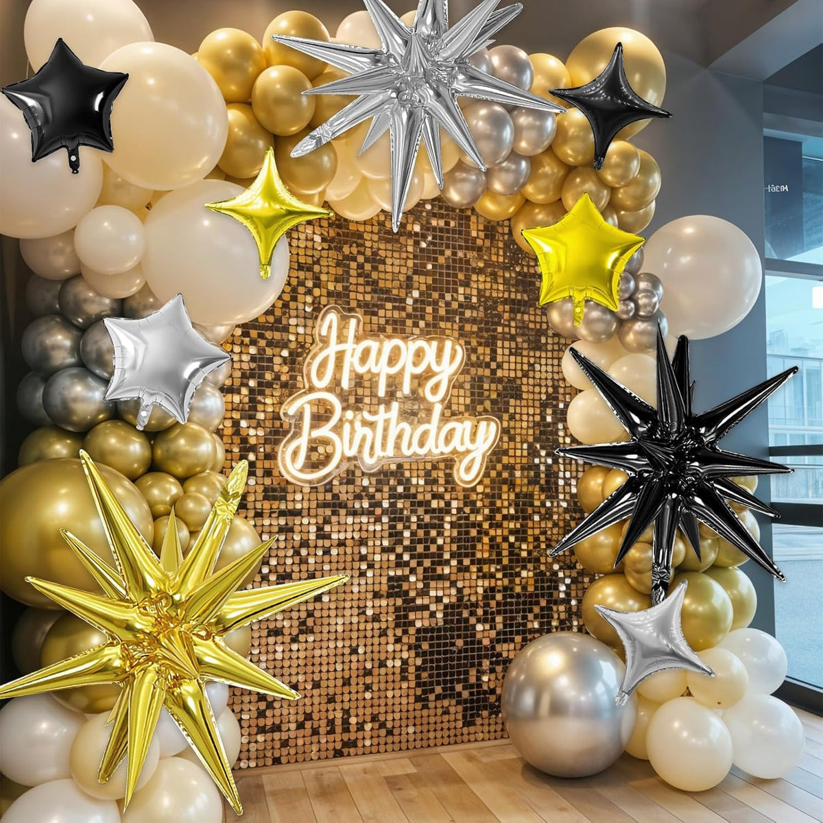 Black Gold Silver Star Balloon,16Pcs Star Foil Balloons Set with 22Inch Explosion Spike Cone