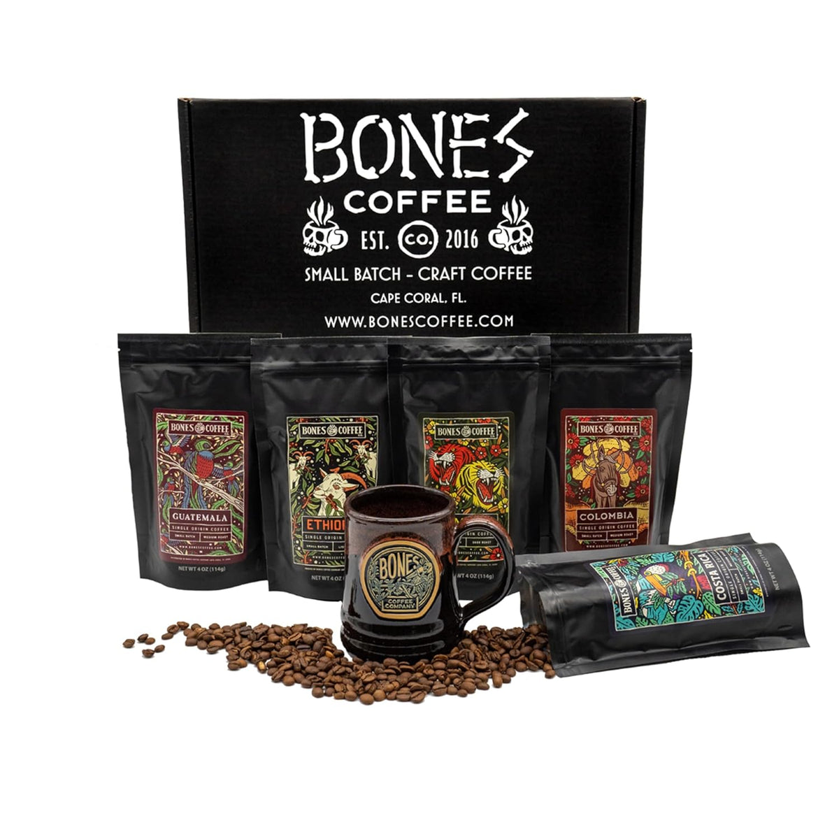 Bones Coffee Company NEW World Tour Sample Pack Box Set with Specialty Coffee Mug, 5 Assorted