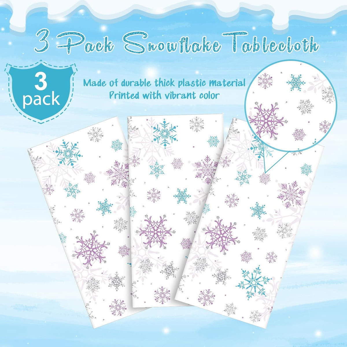 3 Pieces Christmas Snowflake Party Tablecloth Decorations,Plastic Purple and Blue Winter Wonderland