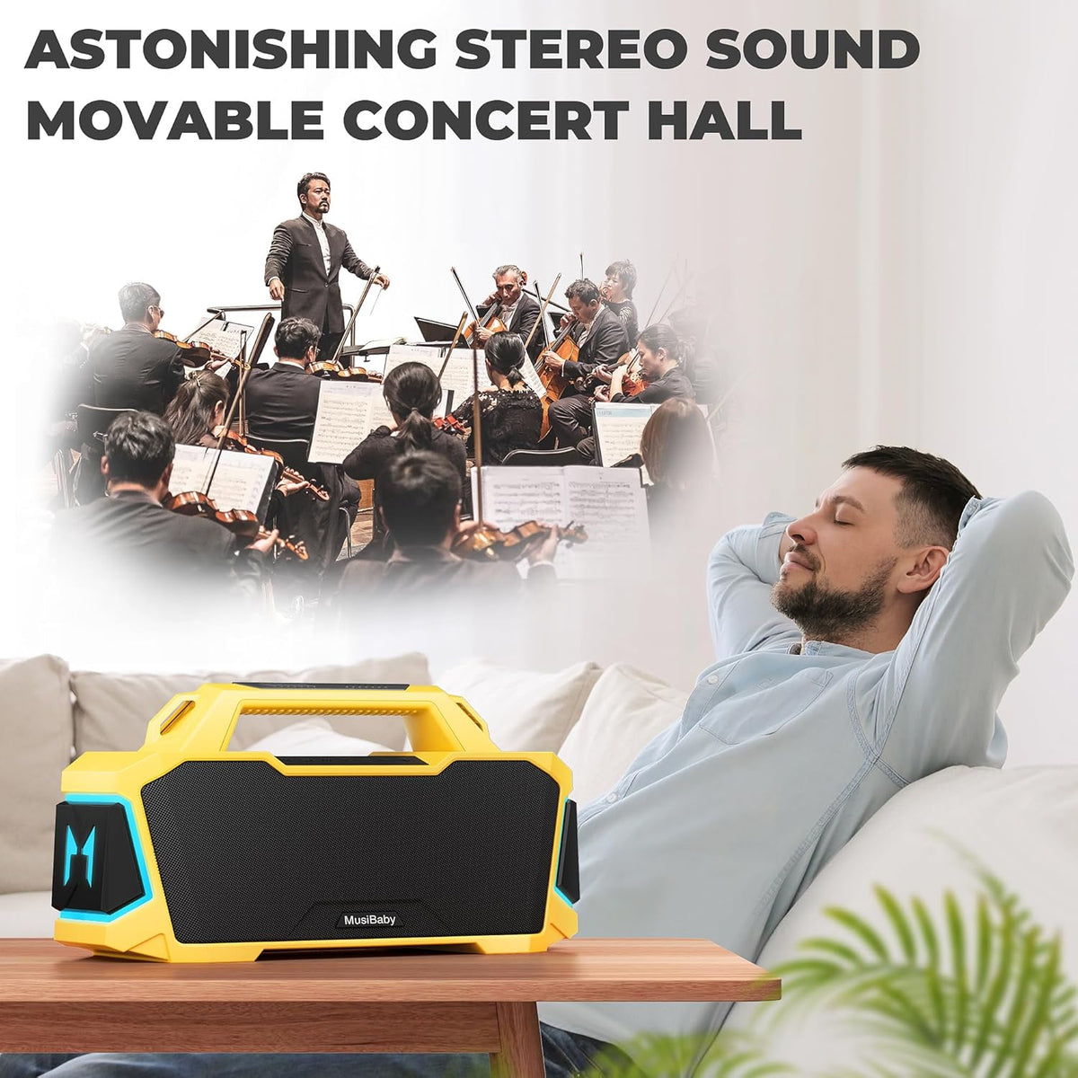 MusiBaby M1 Portable Bluetooth Speaker Yellow, Loud Stereo Sound Subwoofer Deep Bass, IPX6