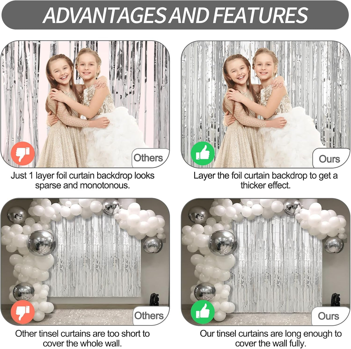 2 Pack Silver Foil Fringe Curtains Streamers Party Decorations 3.3 x 8.2 ft, Tinsel Curtain Fringe