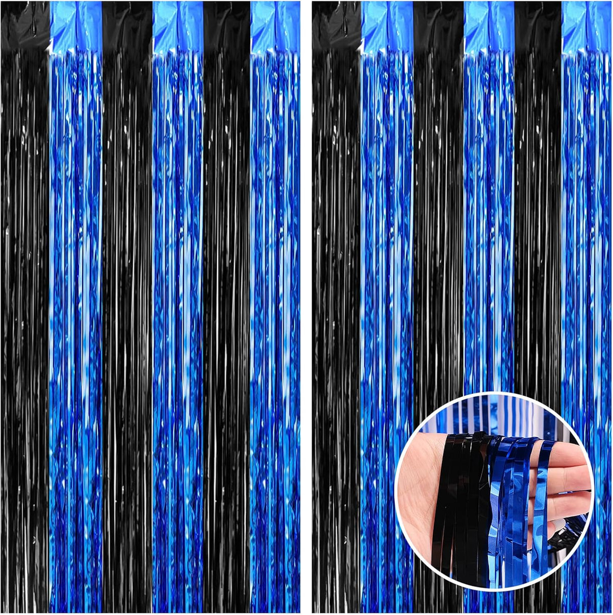 CANREVEL 2 Pack 3.3x8.2 Feet Black and Blue Foil Fringe Backdrop Curtains, Tinsel Streamers for
