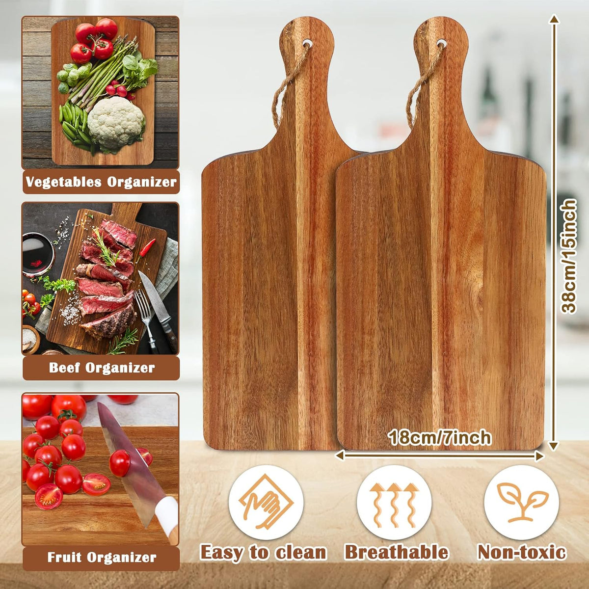 10 Packs Acacia Wood Cutting Board, 15 x 7 Inch Plain Chopping Board with Handles Large Serving