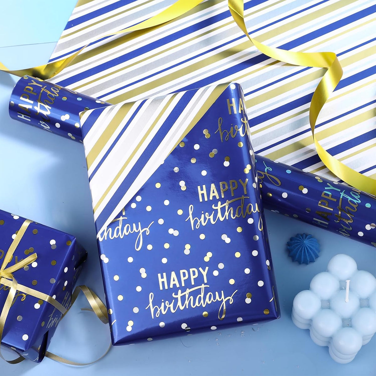 LeZakaa Reversible Blue Birthday Wrapping Paper Roll for Boys Men, Happy Birthday Lettering &