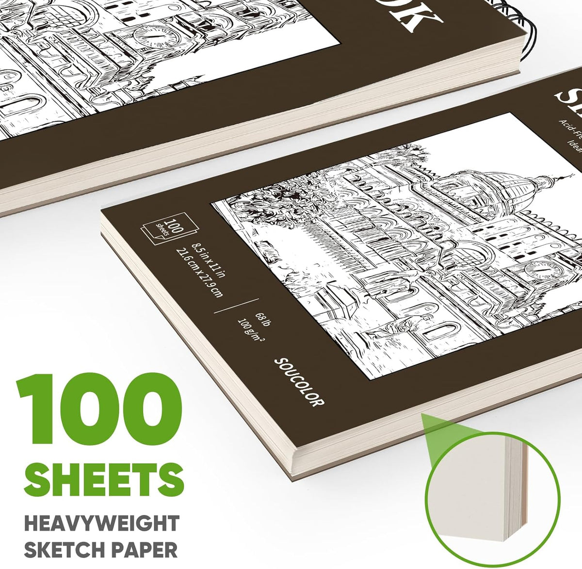 Soucolor Sketchbook 8.5x11 Hard Cover - 100 Sheets Spiral Bound Sketch Pad 8.5" x 11", 68lb/100gsm