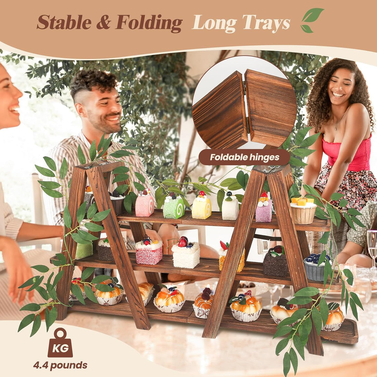Wooden 3-Tier Cupcake Stand with Removable Trays & Vine Decoration – Foldable Party Display Serving