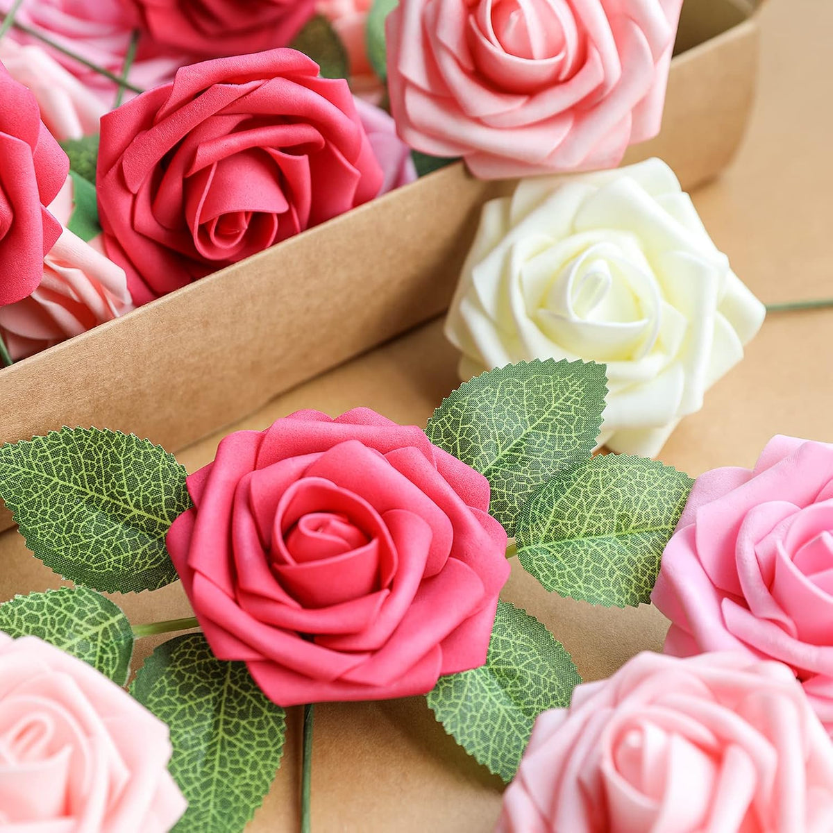 AmyHomie Artificial Flower Seriesa Red Rose 25pcs Real Looking Fake Roses w/Stem for DIY Wedding