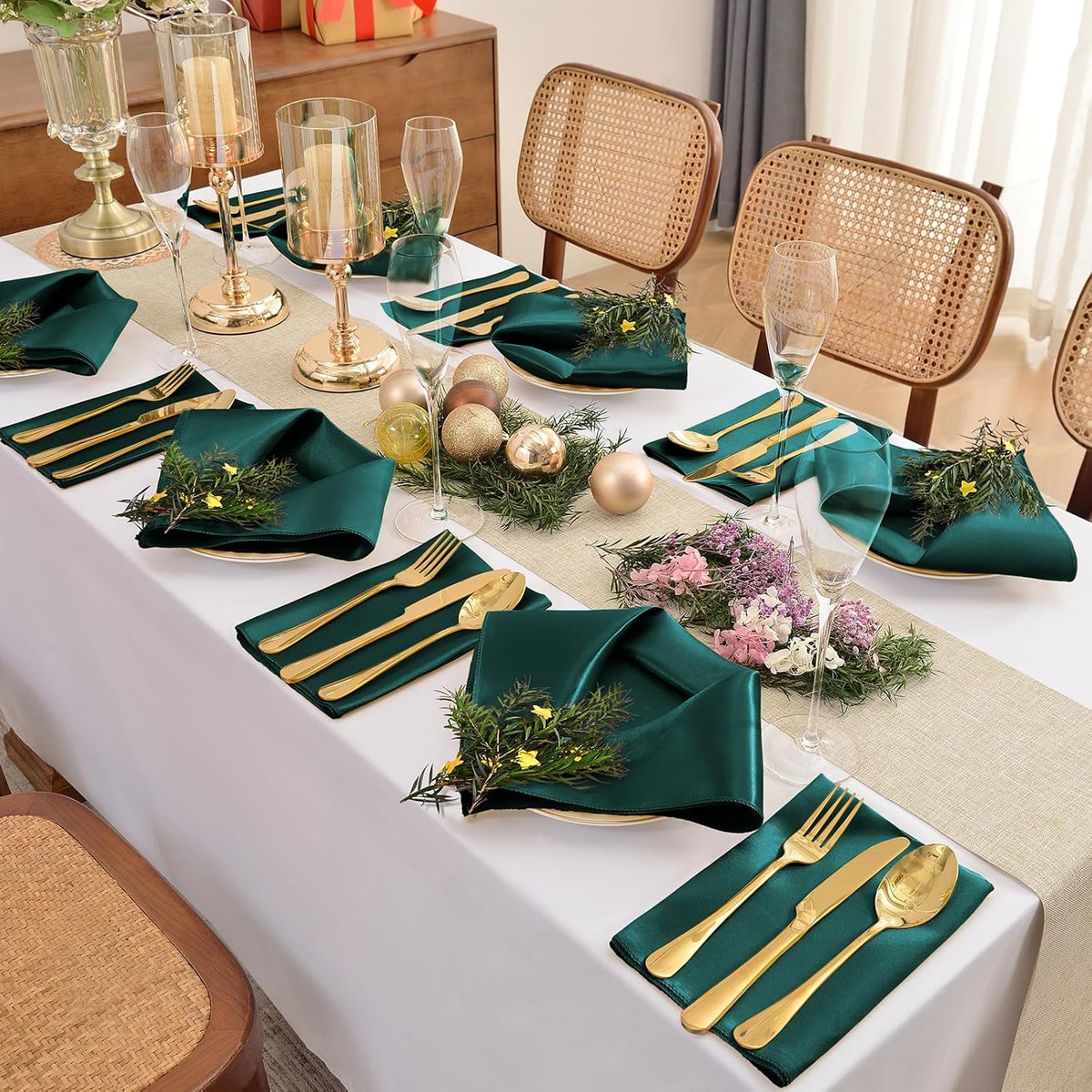 12 Pieces Forest Green Satin Napkins, 17" x 17" Square Table Napkins, Silky Soft Smooth Washable