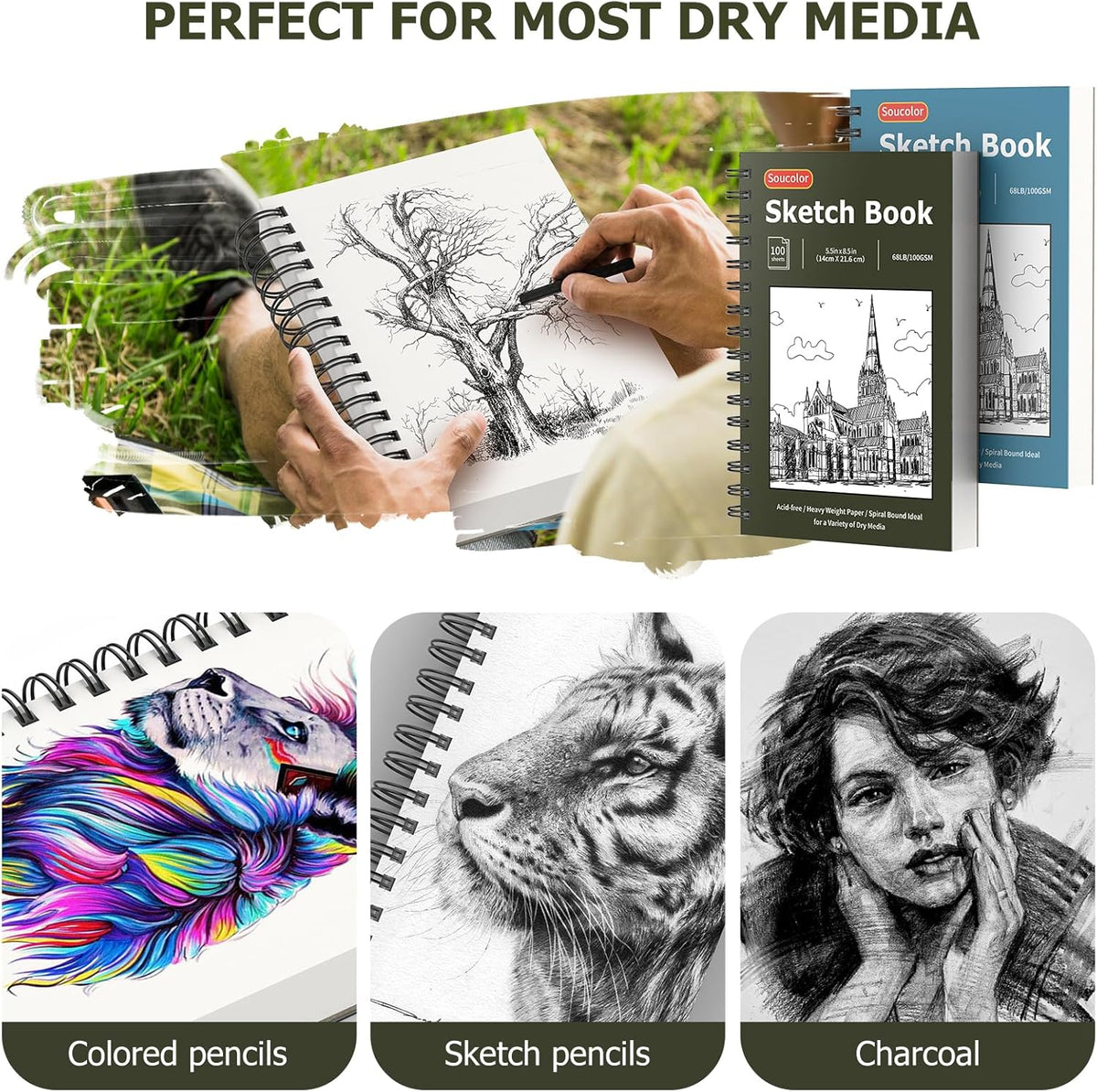 Soucolor 5.5" x 8.5" Sketchbook Pack of 2, 200 Sheets Blank Journal Notebook, A5, Spiral Bound