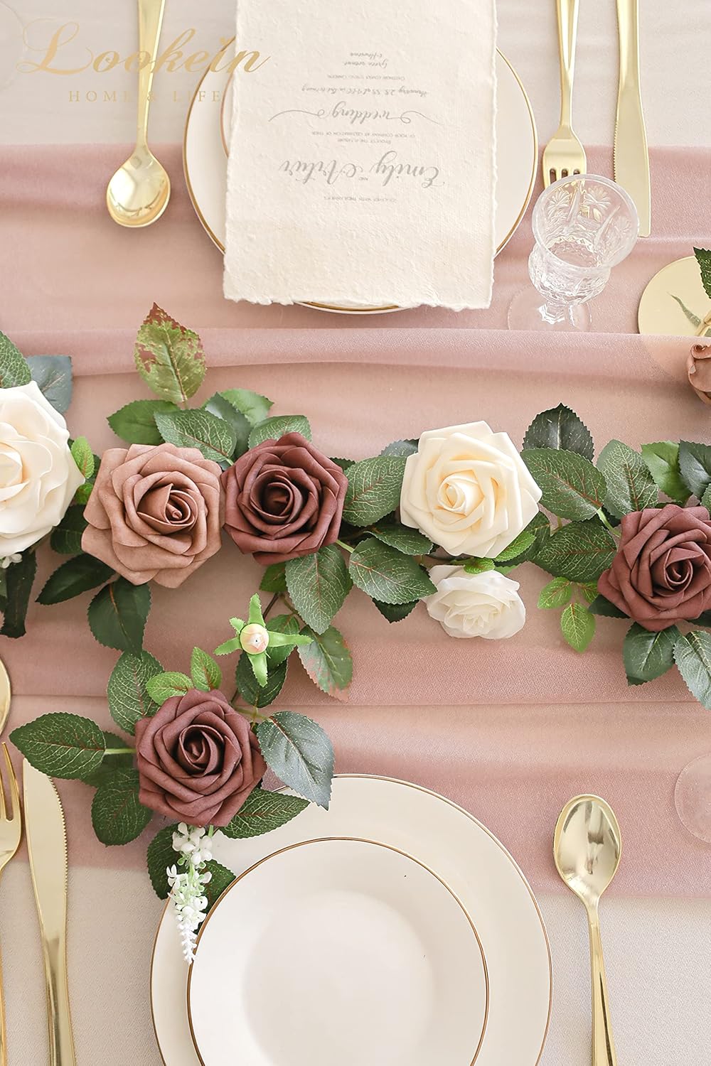 Lookein Artificial Rose Flower Garland Greenery Garland 5FT for Wedding Ceremony Backdrop Arch