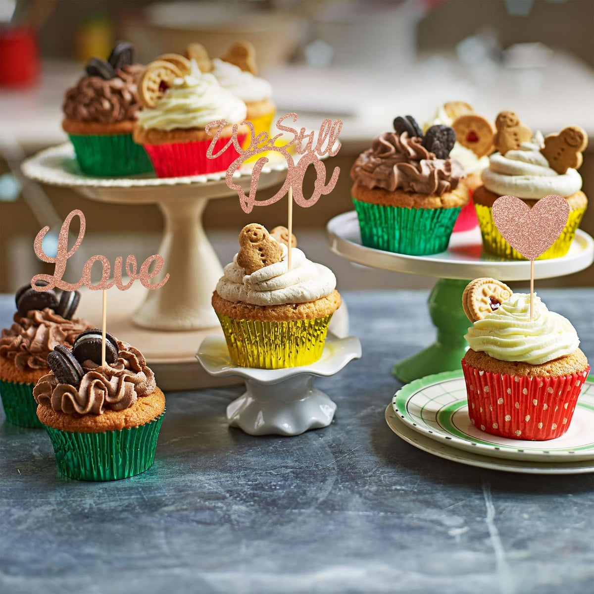 24Pcs We Still Do Cupcake Toppers Glitter Love Heart Marriage Anniversary Cupcake Picks Bridal
