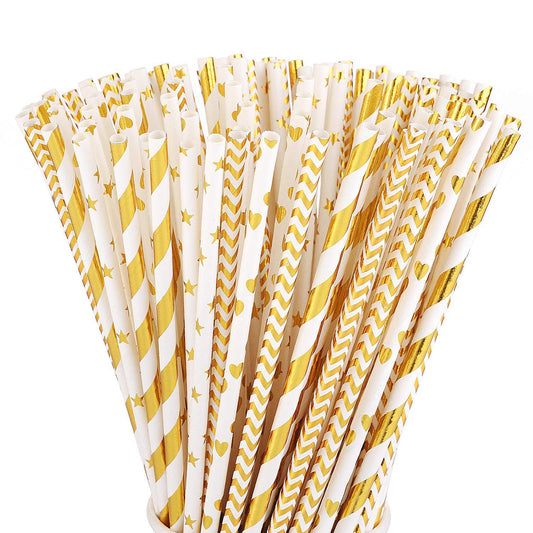 ALINK Biodegradable Gold Paper Straws Bulk, Pack of 100 Metallic Foil Striped/Wave/Heart/Star