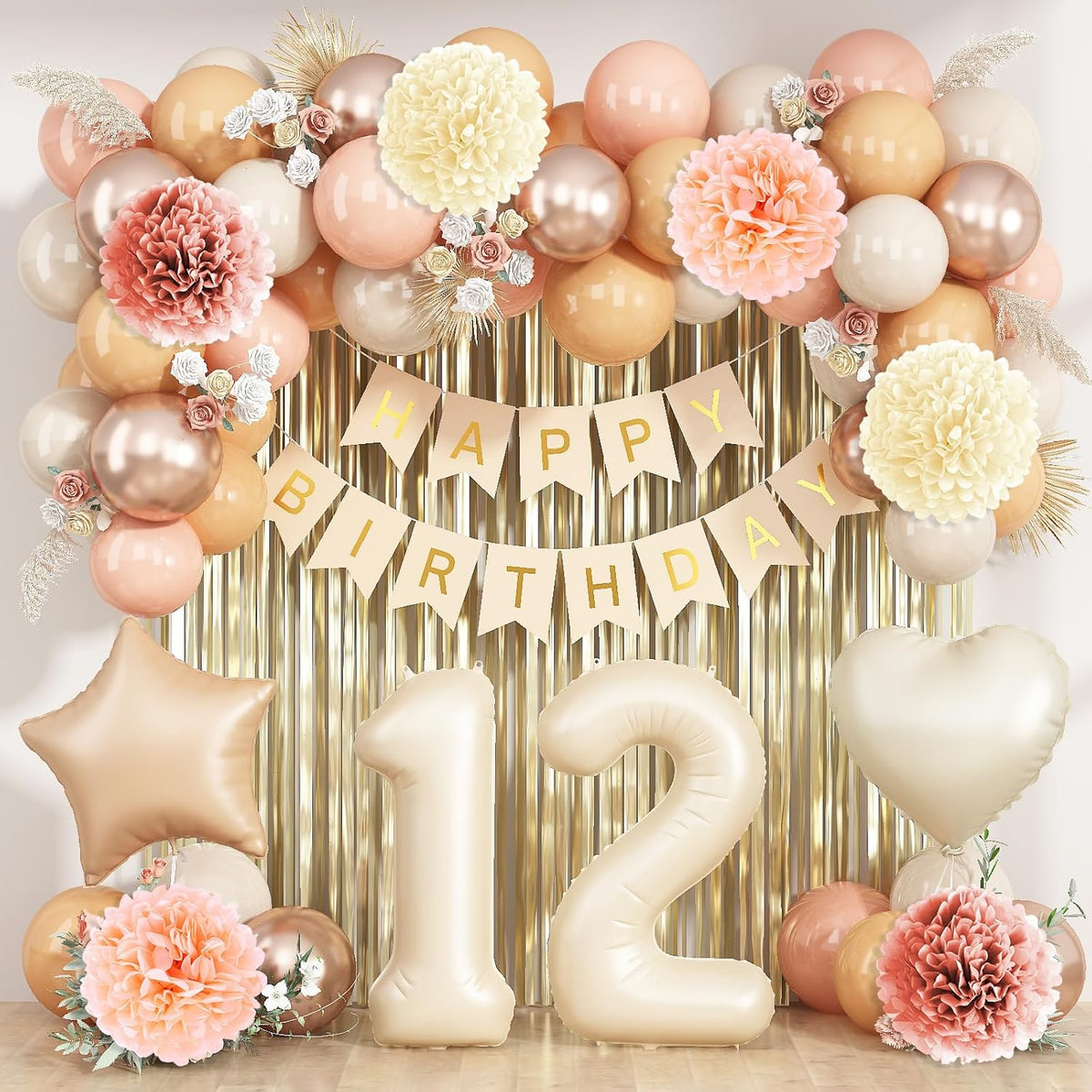 Beige 12th Birthday Decorations Girls Boys Cream Number 12 Balloon Nude Gold Happy Birthday Banner