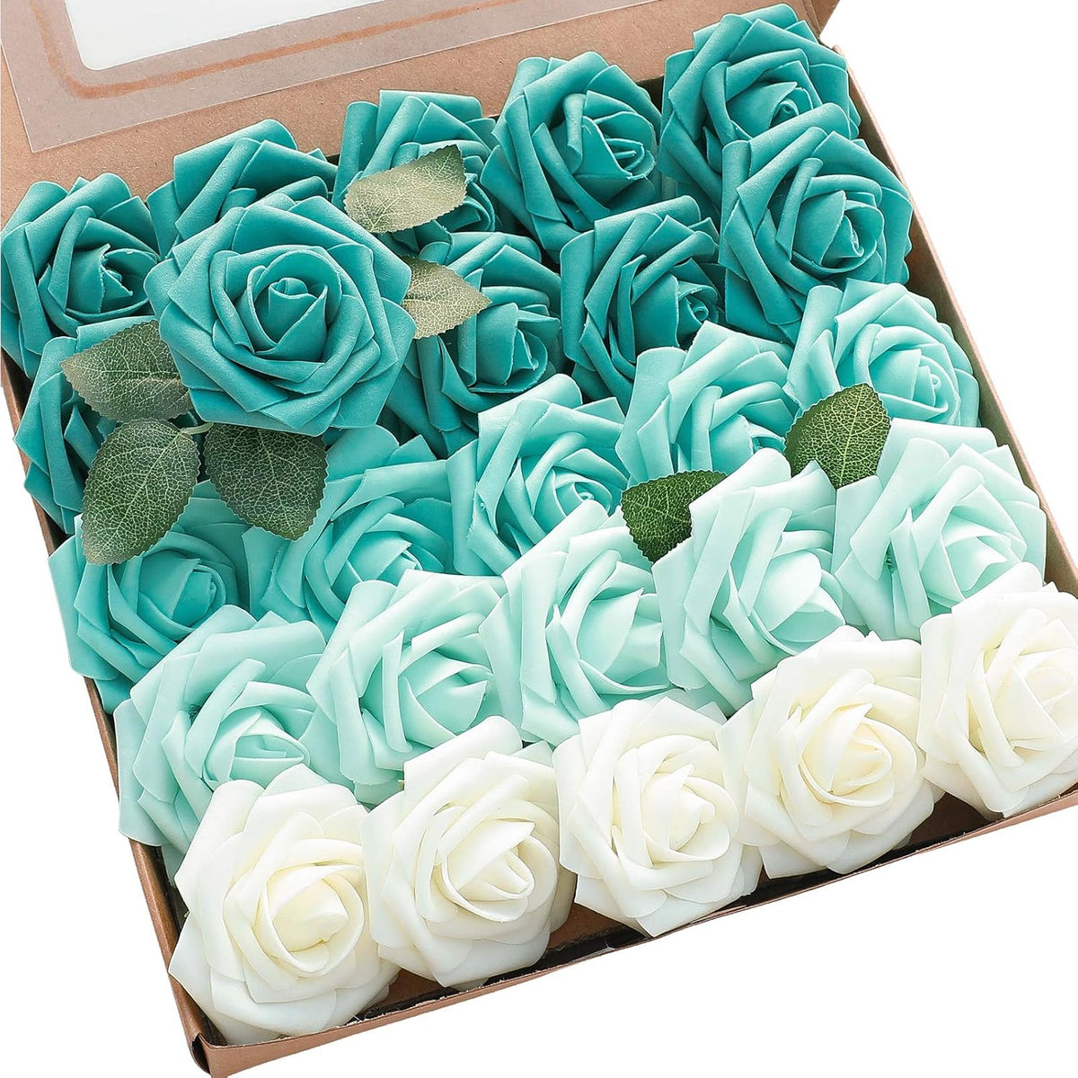 Floroom Artificial Flowers 25pcs Real Looking Green Ombre Colors Foam Fake Roses with Stems for DIY