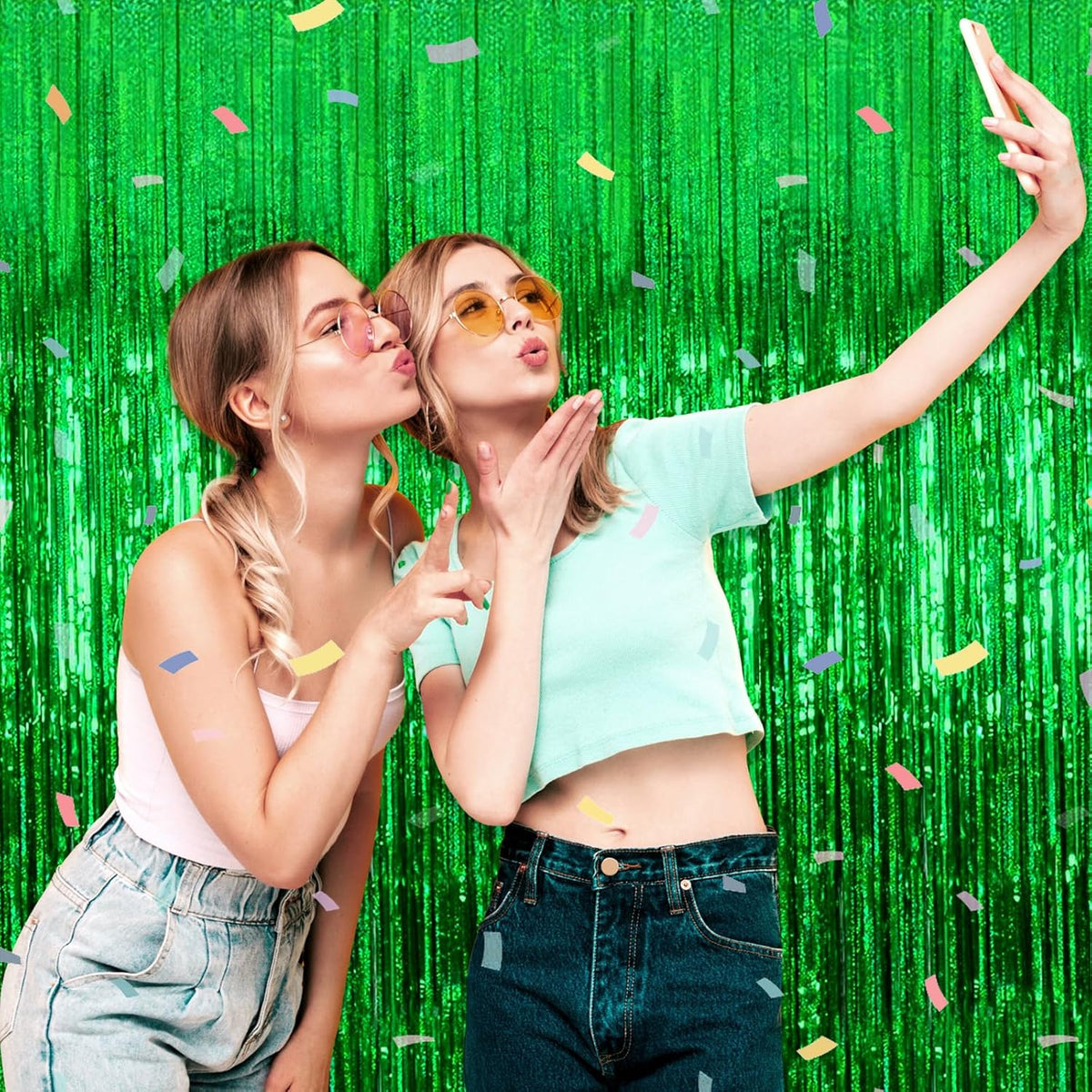 3 Pack Green Foil Fringe Curtain Backdrop, 3.28Ft x 8.2Ft Metallic Tinsel Foil Fringe Streamer