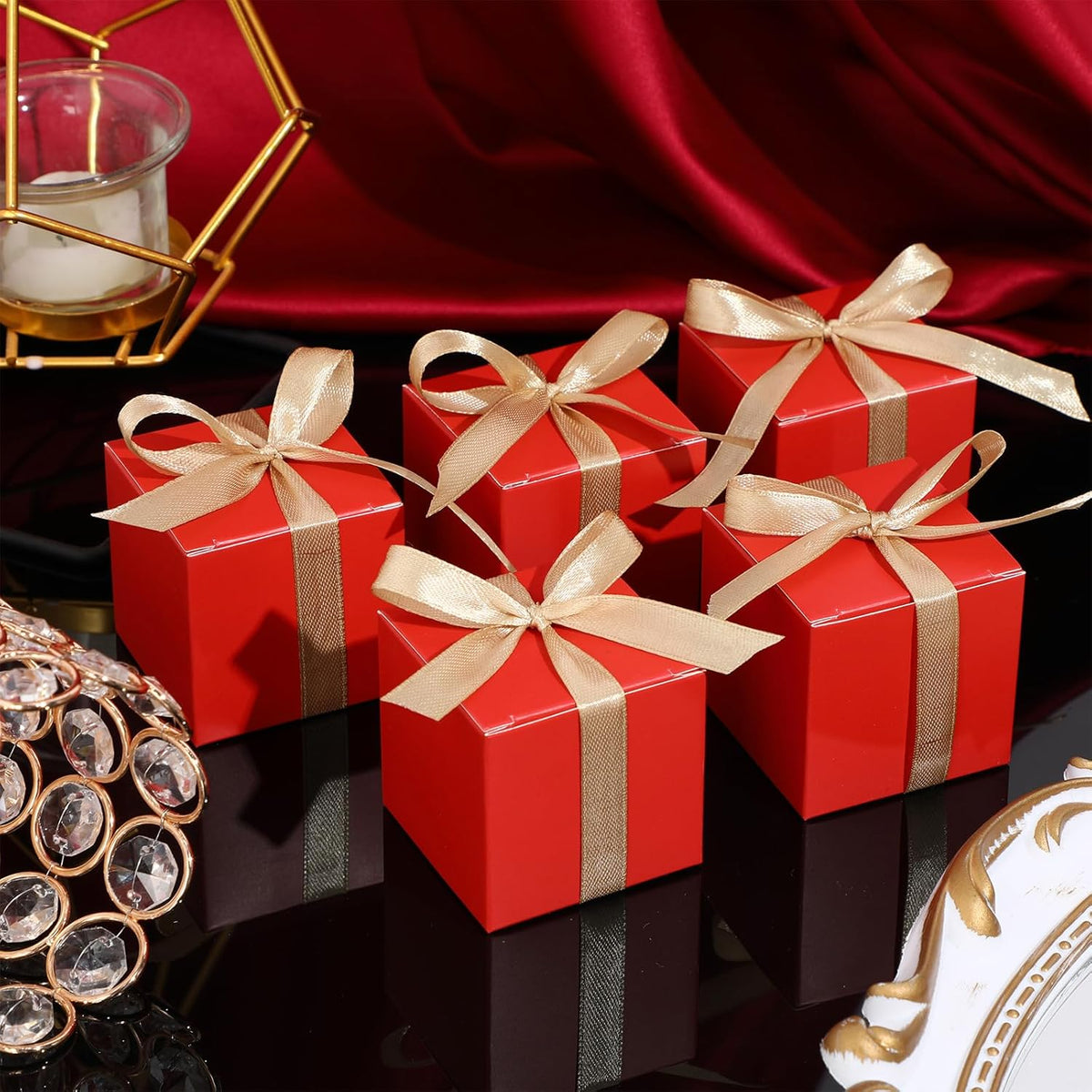 Jutom 100 Pcs Mini Favor Boxes Extra Small Candy Boxes Paper with Gold Ribbon for Christmas
