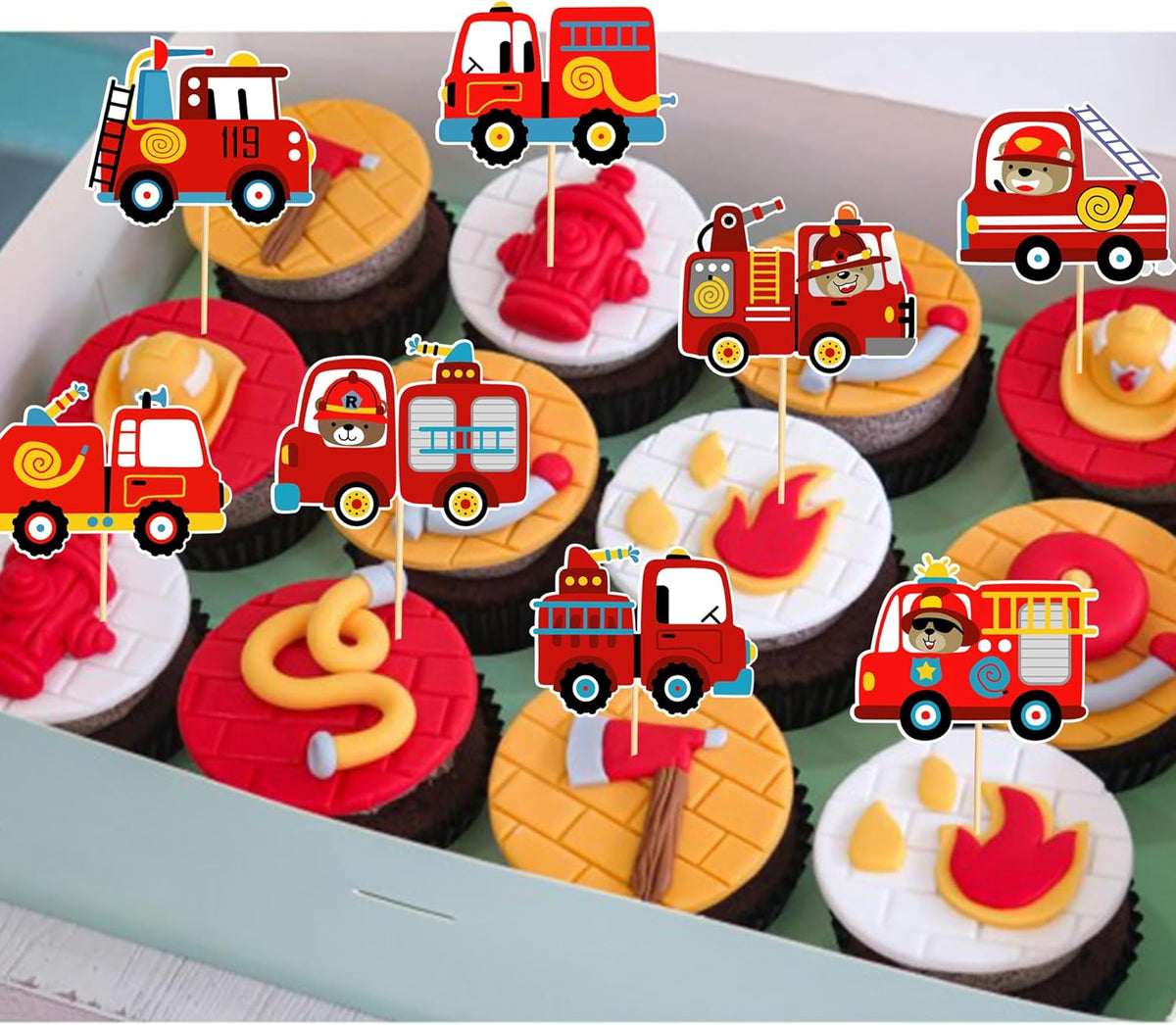 24pcs Fire Truck Cupcake Toppers Bear Firefighter Fire Truck Birthday Decorations Fireman Birthday