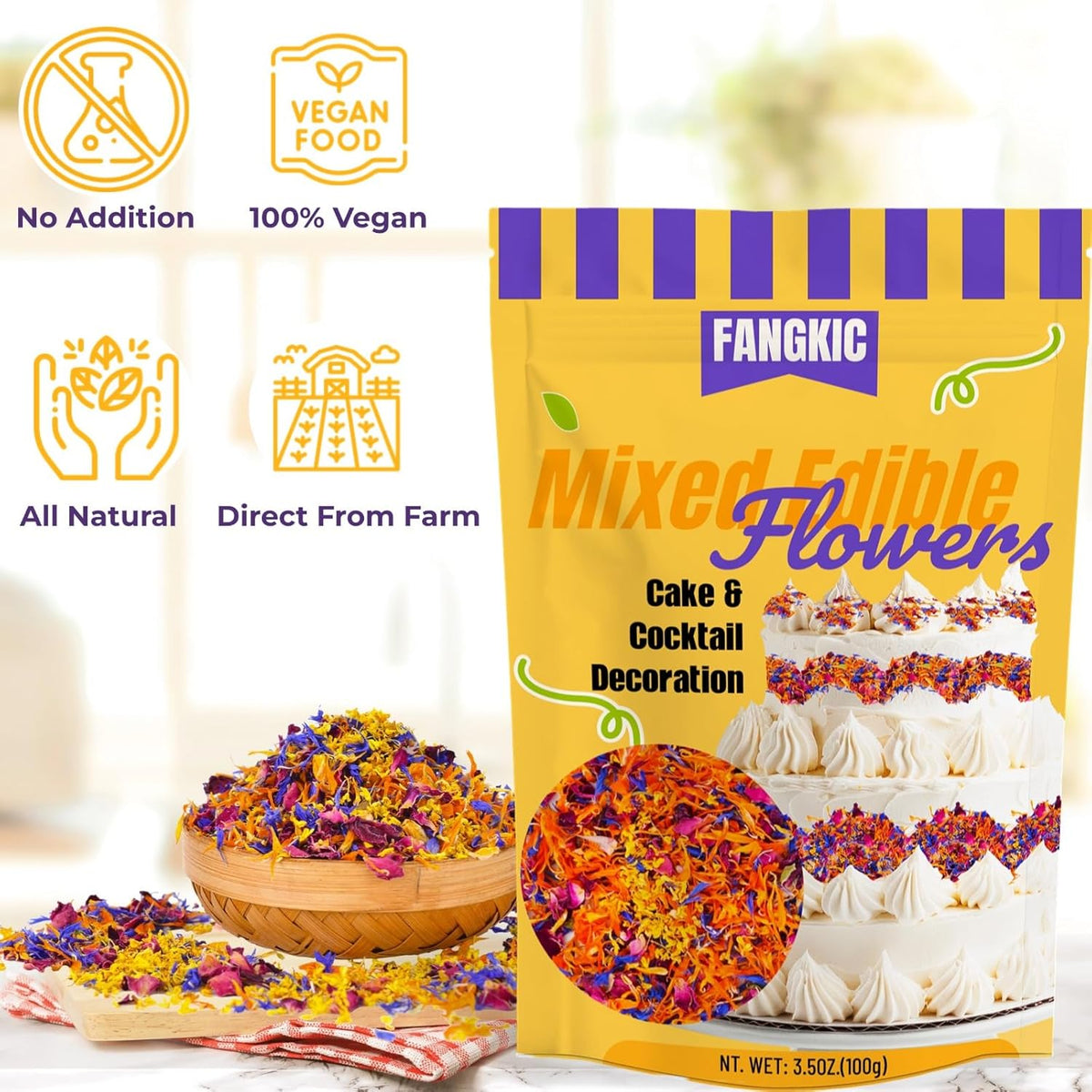 4 Kinds Natural Dried Edilble Flowers Petal Blend (3.5 Ounce), Edible Flowers for Cocktail, Cake