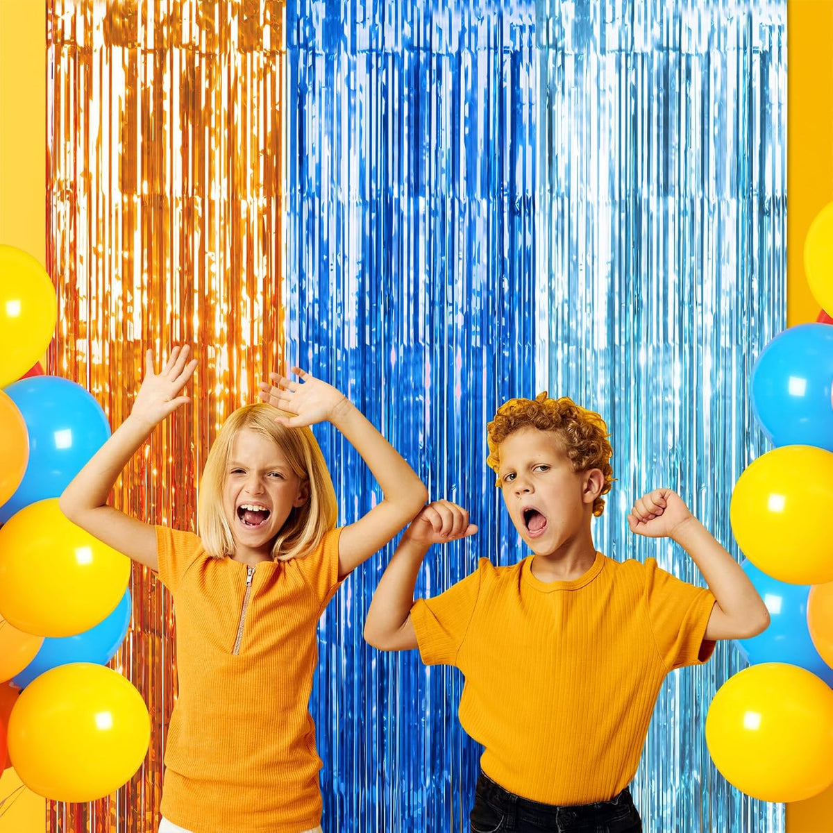 3 Pack 3.3X6.6Ft Blue Dog Foil Fringe Curtains Backdrop Decorations, Orange and Light Blue Birthday