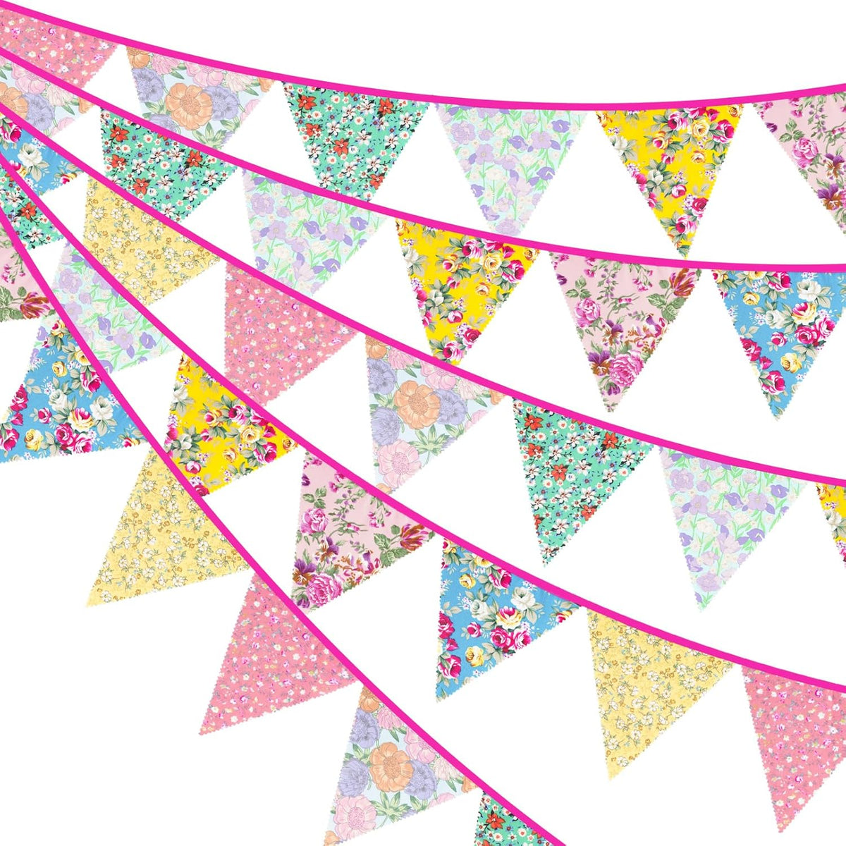 jijAcraft 39Ft Triangle Bunting Banner, 42Pcs Tea Floral Party Bunting Cotton Fabric Flags Pennant