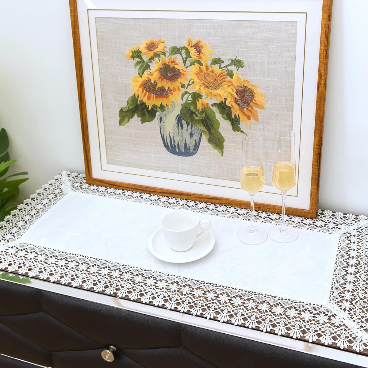 White lace Premium Rectangle Farmhouse Table Runner Waterproof OilProof SpillProof AntiShrink Soft