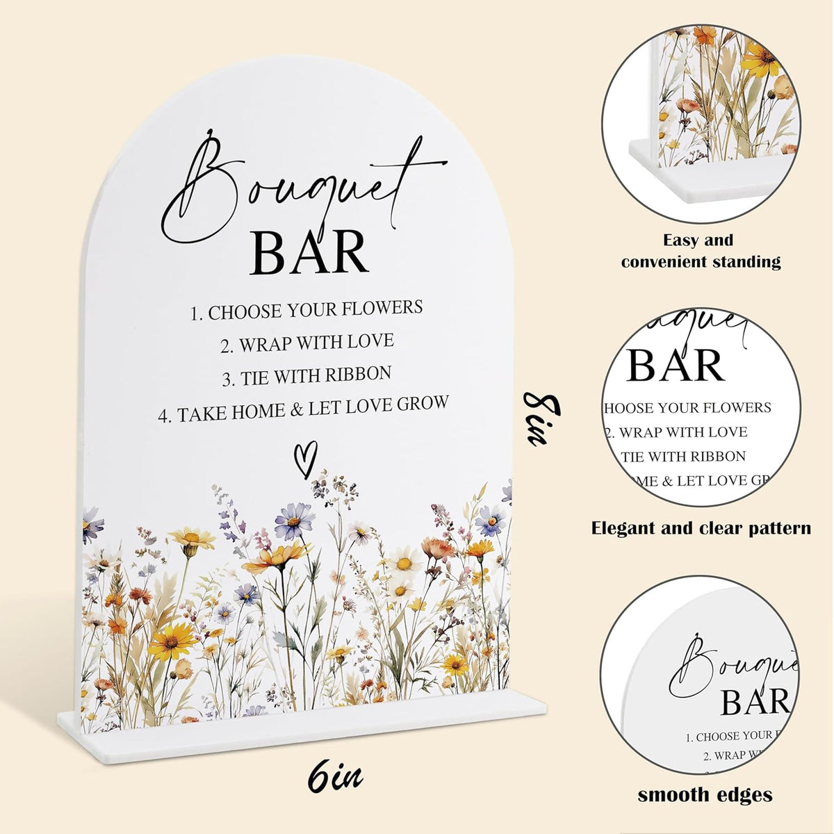 Wedding Signs for Ceremony and Reception, Boho Floral Acrylic Bouquet Bar Sign, Wedding Signage