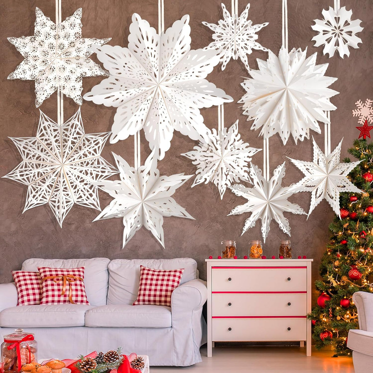 10 Pcs Christmas Paper Snowflake Lanterns, Large Christmas Paper Star Lanterns with LED Lights