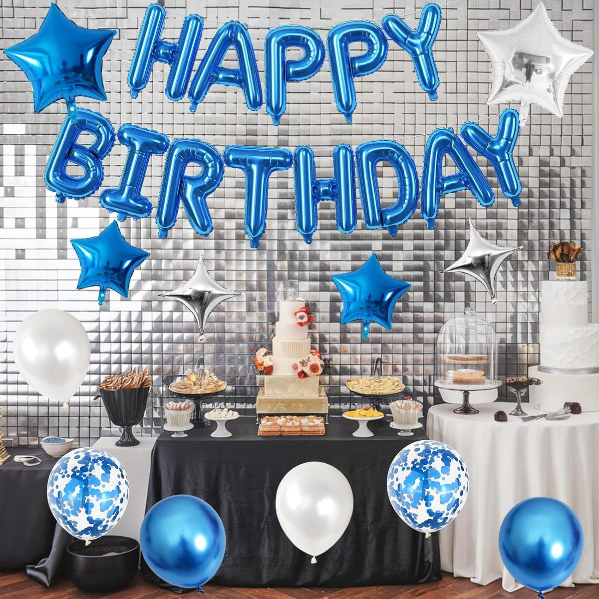 Happy Birthday Balloon Banner Blue Silver, 16 Inch Mylar Foil Letter Balloons, Reusable Birthday