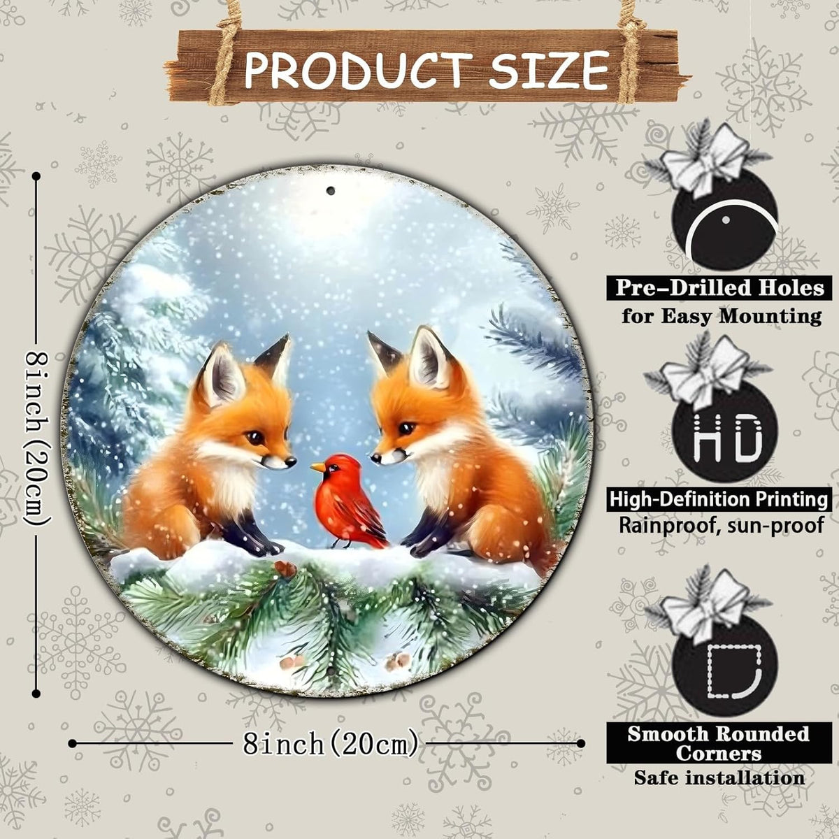 Christmas Round Fox Metal Tin Sign - Red Bird Winter Vintage Sign for Home & Outdoor Decorations