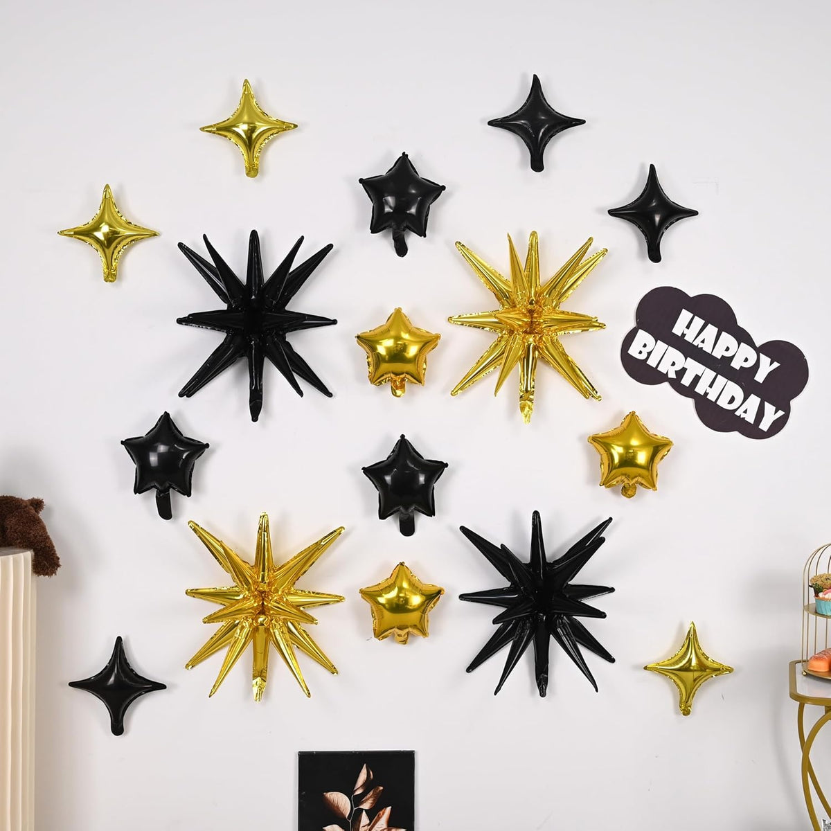 Black and Gold Star Balloons, 22in Large Star Balloons Foil 10in 4-Pointed & Pentagram Balloon for
