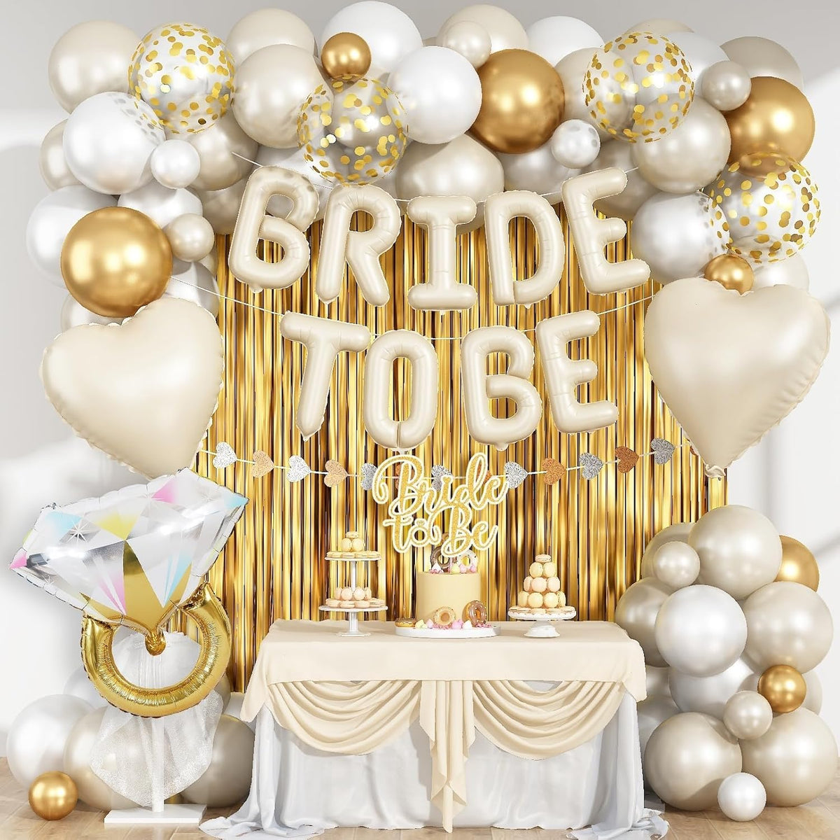 Cream Gold Bachelorette Party Decorations, Bride To Be Mylar Foil Letter Balloons with White Gold