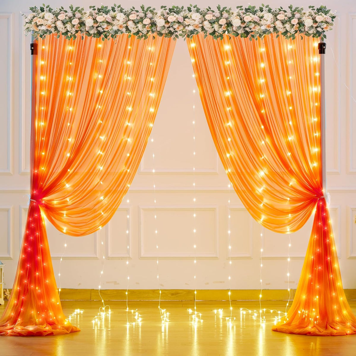 Orange Tulle Backdrop Curtain with Lights String for Parites 10x8ft Sheer Backdrop Curtains Drapes