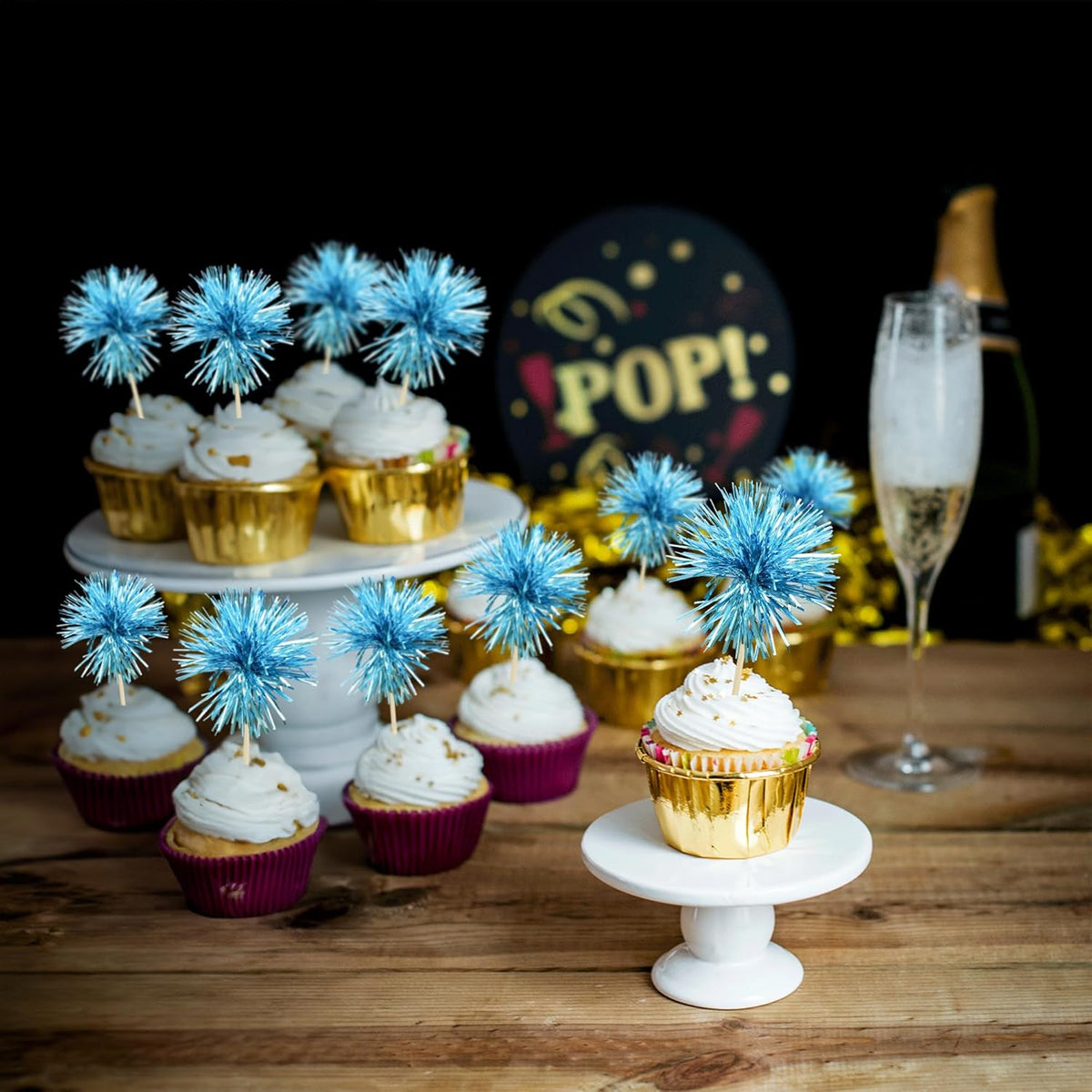 Gyufise 30Pcs Foil Firework Cupcake Toppers Sparkle Tinsel Cake Toppers Tinsel Drink Cake