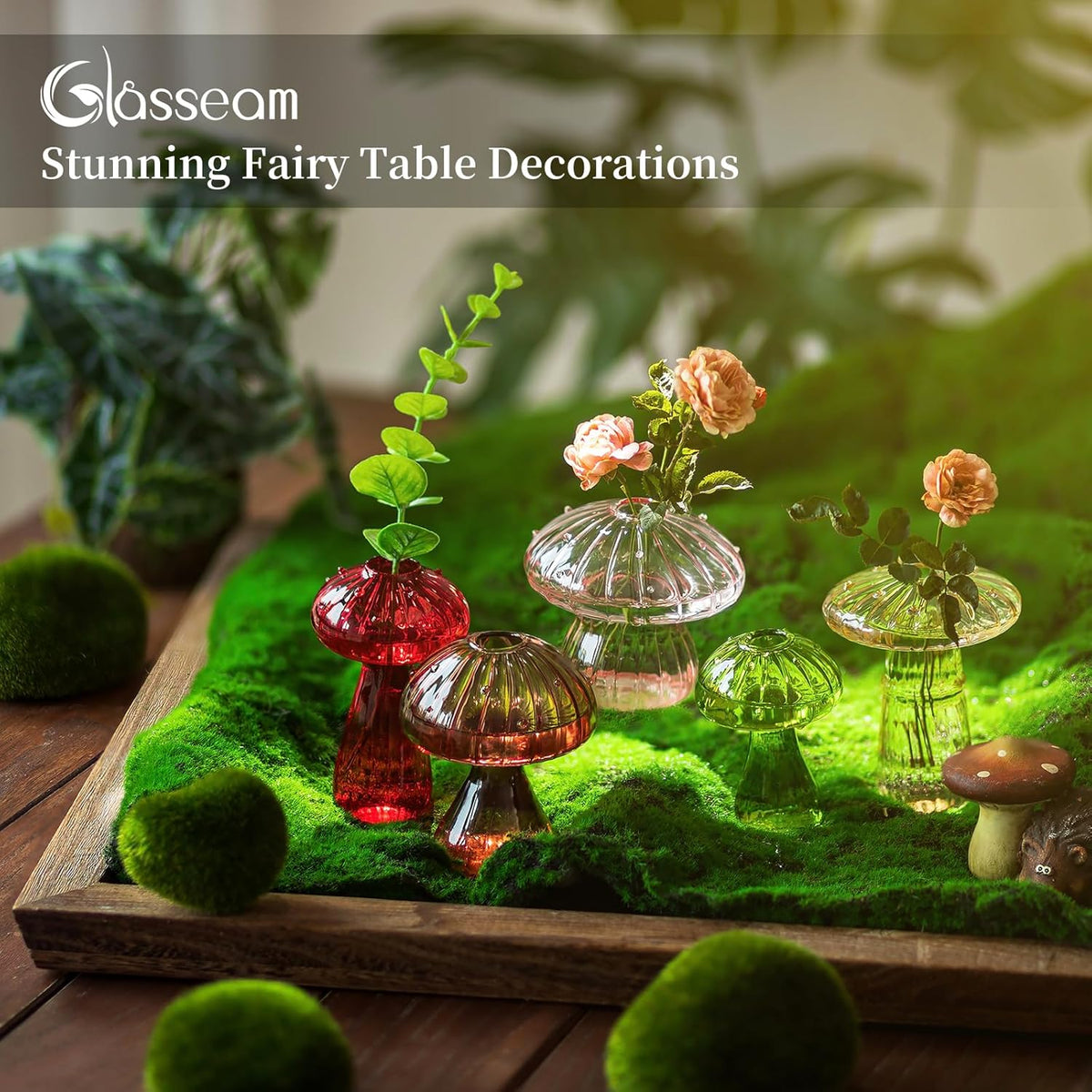 Glasseam Mushroom Glass Planter, Set of 5 Colored Plant Propagation Station, Mini Terrarium for