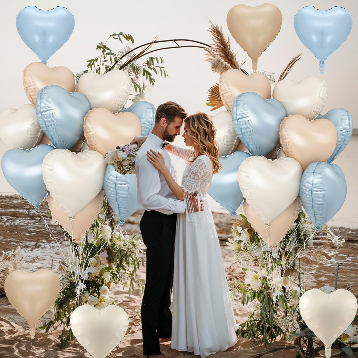 Blue Cream Heart Foil Balloons, 12Pcs Baby Blue Beige Nude Heart Shape Mylar Balloon, 18Inch