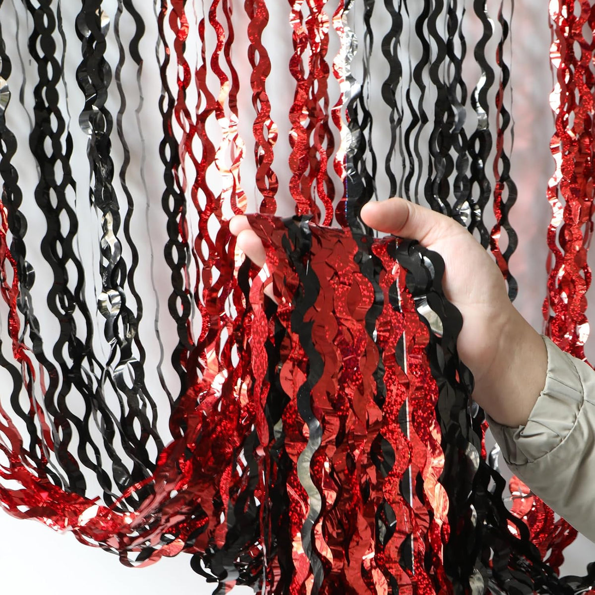 4 Pack Sparkle Red and Black Fringe Curtain - 3.3x6.6 Feet Tinsel Streamer for Birthday Decorations