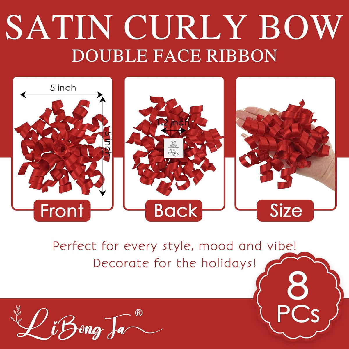 5 Inch Red Bows Curly Ribbon Bows for Gift Wrapping, Satin Bows with Double-Sided Tape, Self