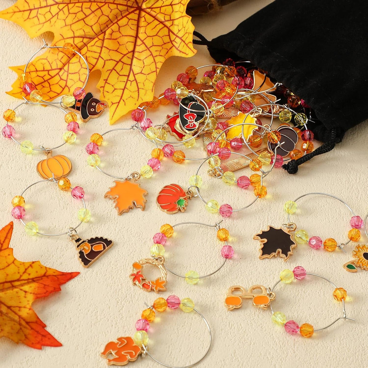 SANNIX Thanksgiving Wine Glass Charms, 24pcs Wine Glass Identifiers for Stem Glasses, Hostess Gifts