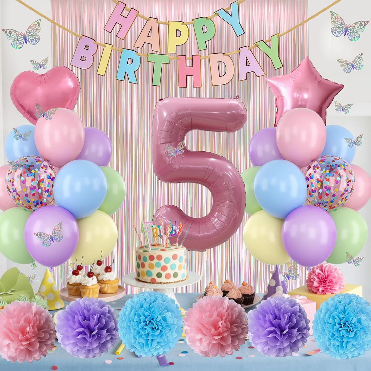 Pastel 5th Birthday Party Decorations for Girls Number 5 Balloon Happy Birthday Banner Butterfly