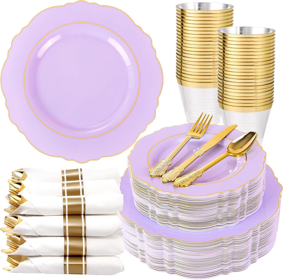 Liacere 350PCS Purple Plastic Plates - Disposable Light Purple and Gold Plates 50guest Baroque