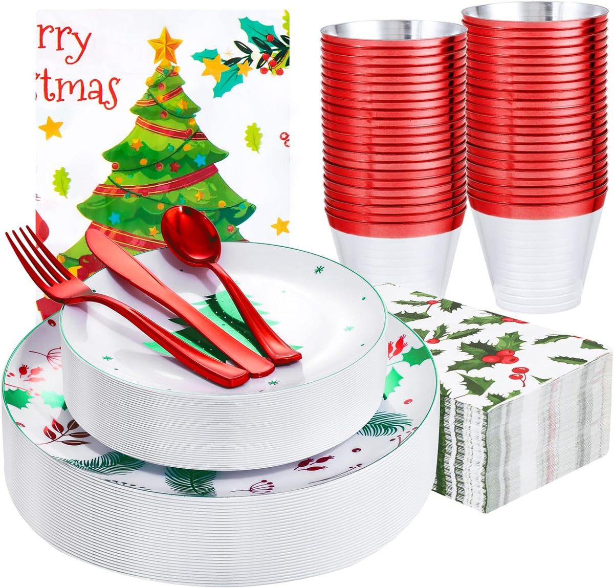 Festiva 176Pcs Christmas Plastic Plates Heavy Duty- Christmas disposable Dinnerware Set-include