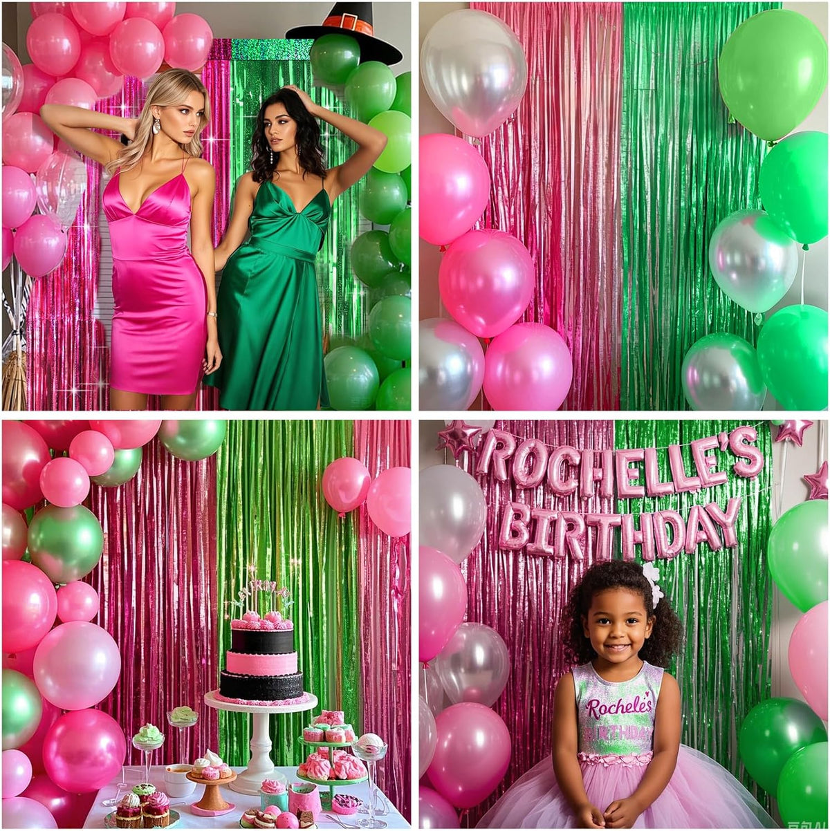 4 Packs Pink and Green Foil Fringe Curtain, Pink Green Metallic Tinsel Backdrop for Birthday, Baby
