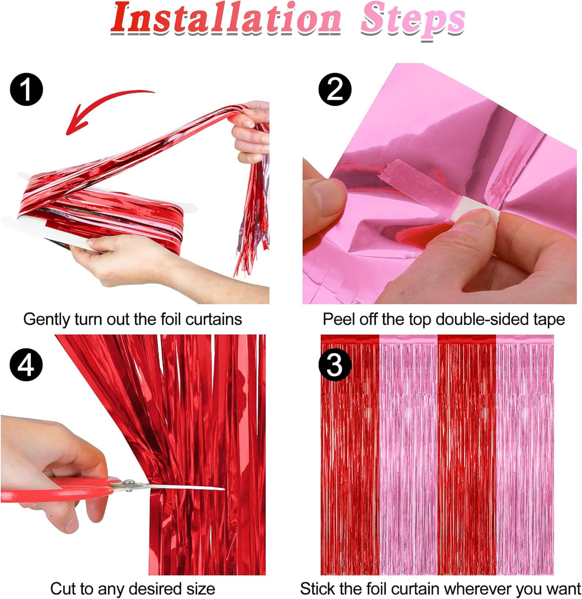 2 Pack Backdrop Curtains, 3.28 Feet x 7.05 Feet Red Pink Backdrop, Metallic Fringe Curtains Tinsel