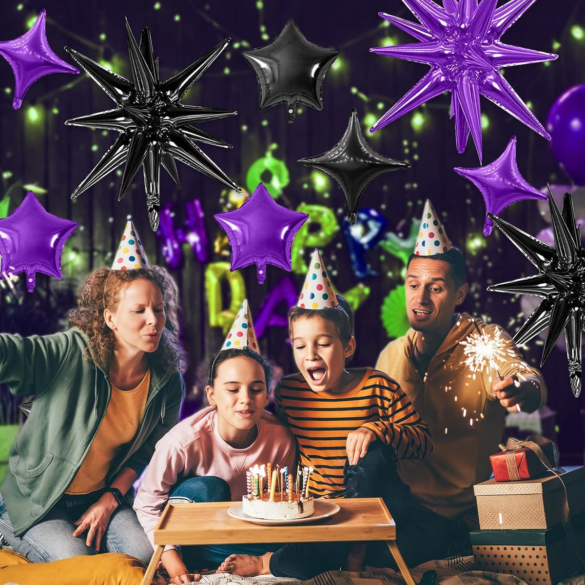 Purple Black Star Balloon,16Pcs Star Foil Balloons Set with 22Inch Explosion Spike Cone Balloons