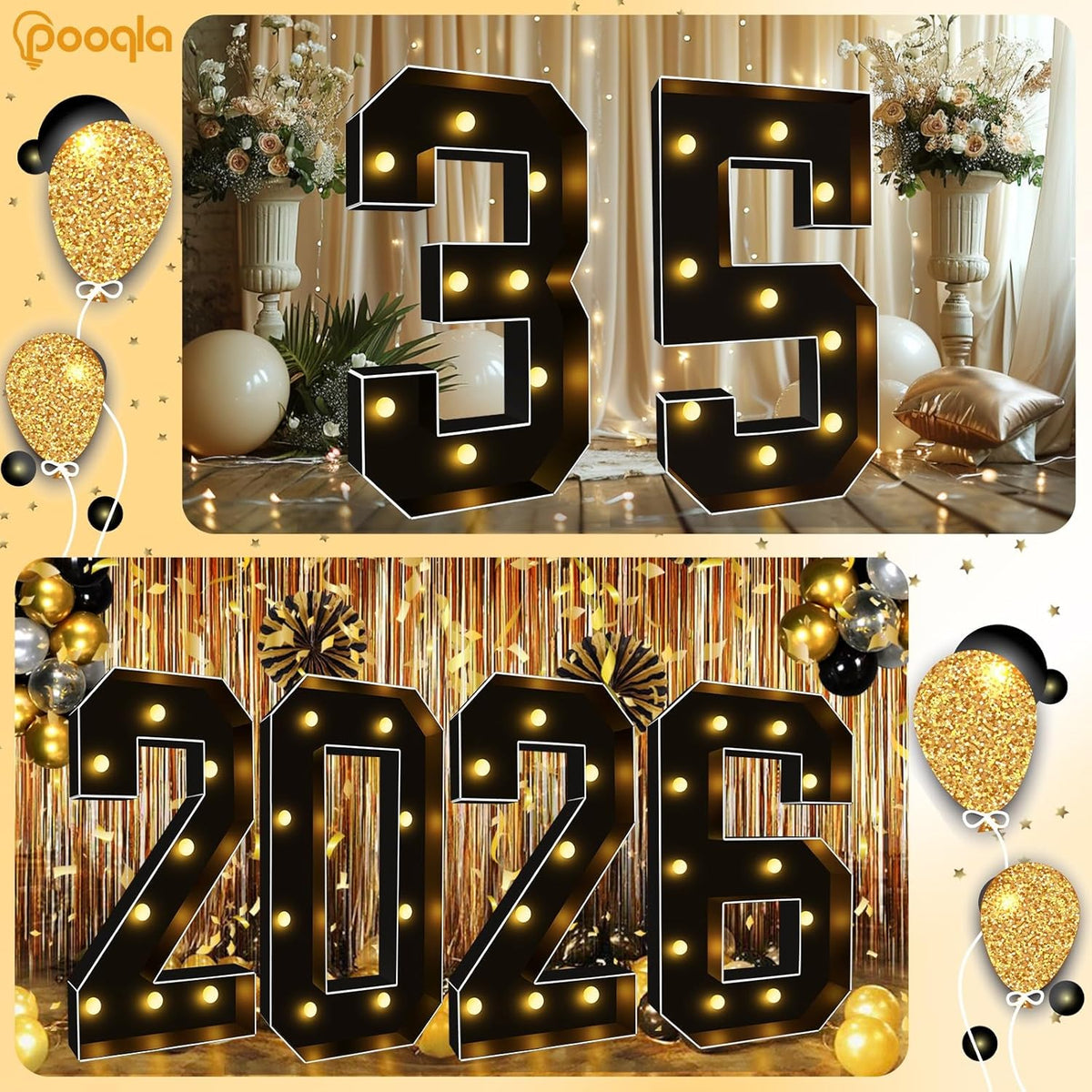 Pooqla 3FT Marquee Light Up Numbers, Black Lighted Party Decor for her him Women Men, Giant Mosaic