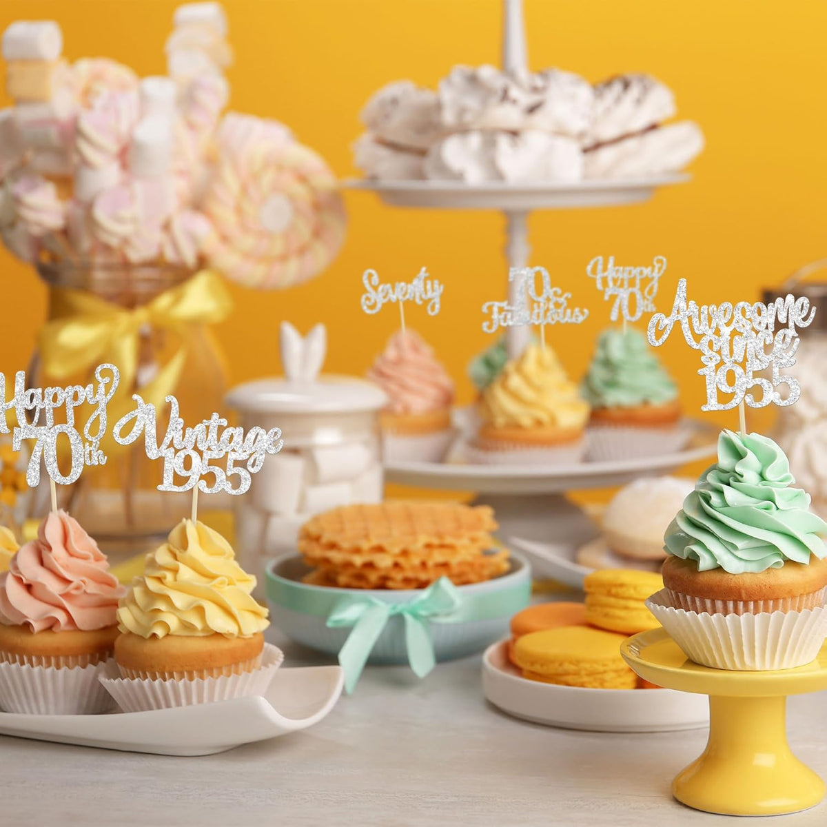 30Pcs Happy 70th Birthday Cupcake Toppers Glitter Seventy Vintage 1955 Cupcake Picks Cheers to 70
