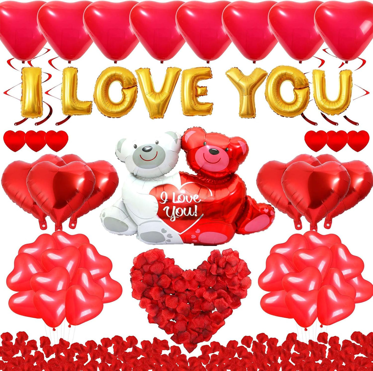Rainmae I Love You Gold Balloons and Heart Balloons Kit with 1000 Pcs Dark-Red Silk Rose Petals