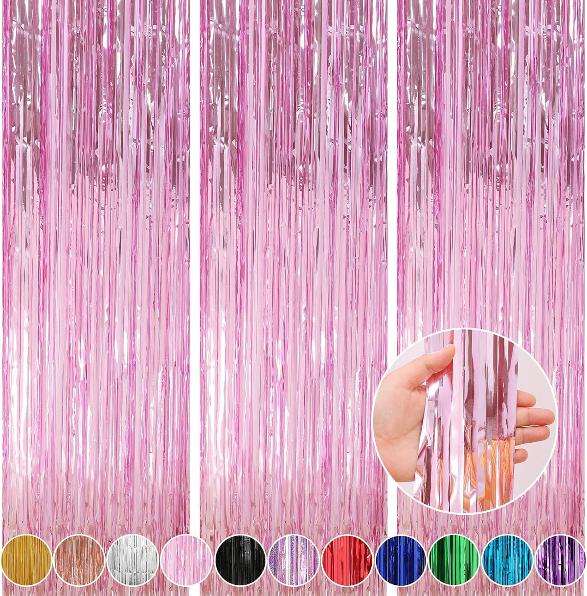 Crosize 3 Pack 3.3 x 9.9 ft Pink Foil Fringe Glitter Curtains Party Decorations, Tinsel Backdrop